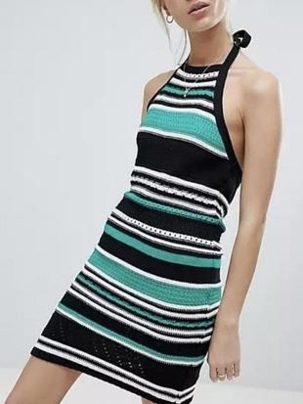 ASOS Striped Crochet Knit Halter Neck Mini Dress Tie Knot Black Teal Size 6